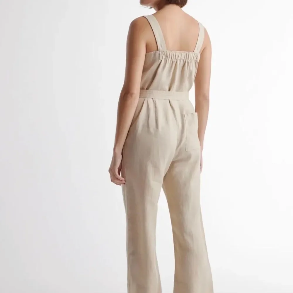 Quince women’s large 100% European linen square neck jumpsuit driftwood new